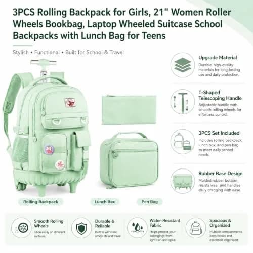 WZLVO Green Backpack with Wheels | Durable School & Travel Bag for Girls & Women thumbnail 7