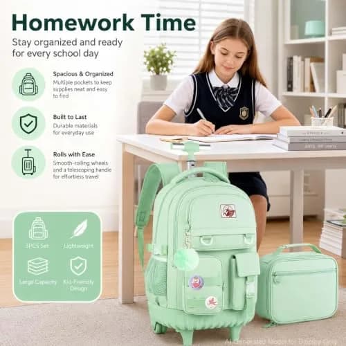 WZLVO Green Backpack with Wheels | Durable School & Travel Bag for Girls & Women thumbnail 8