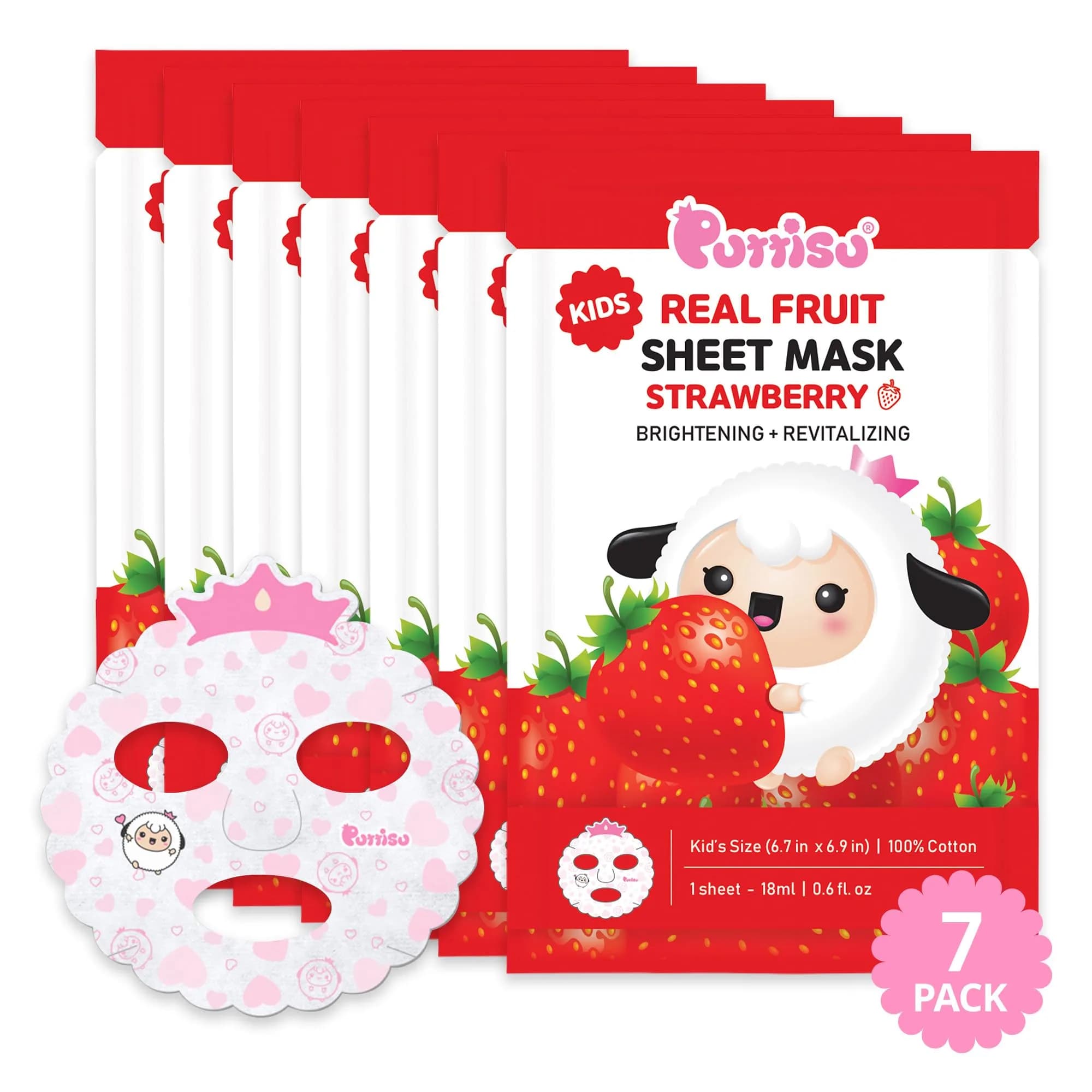 Puttisu Real Fruit Facial Sheet Masks for Kids, Strawberry, 7 Count | Moisturize & Hydrate Skin