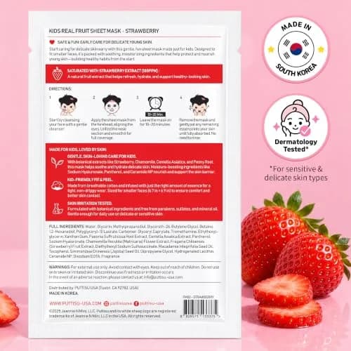 Puttisu Real Fruit Facial Sheet Masks for Kids, Strawberry, 7 Count | Moisturize & Hydrate Skin thumbnail 2
