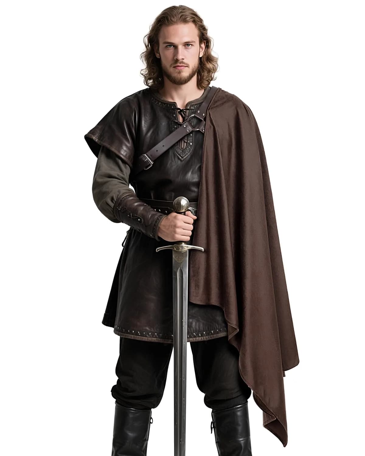 L'VOW Medieval Half Shoulder Cape Knight Cloak with Belt, Brown One Size | Authentic Vintage Design for Cosplay & Halloween — Brown