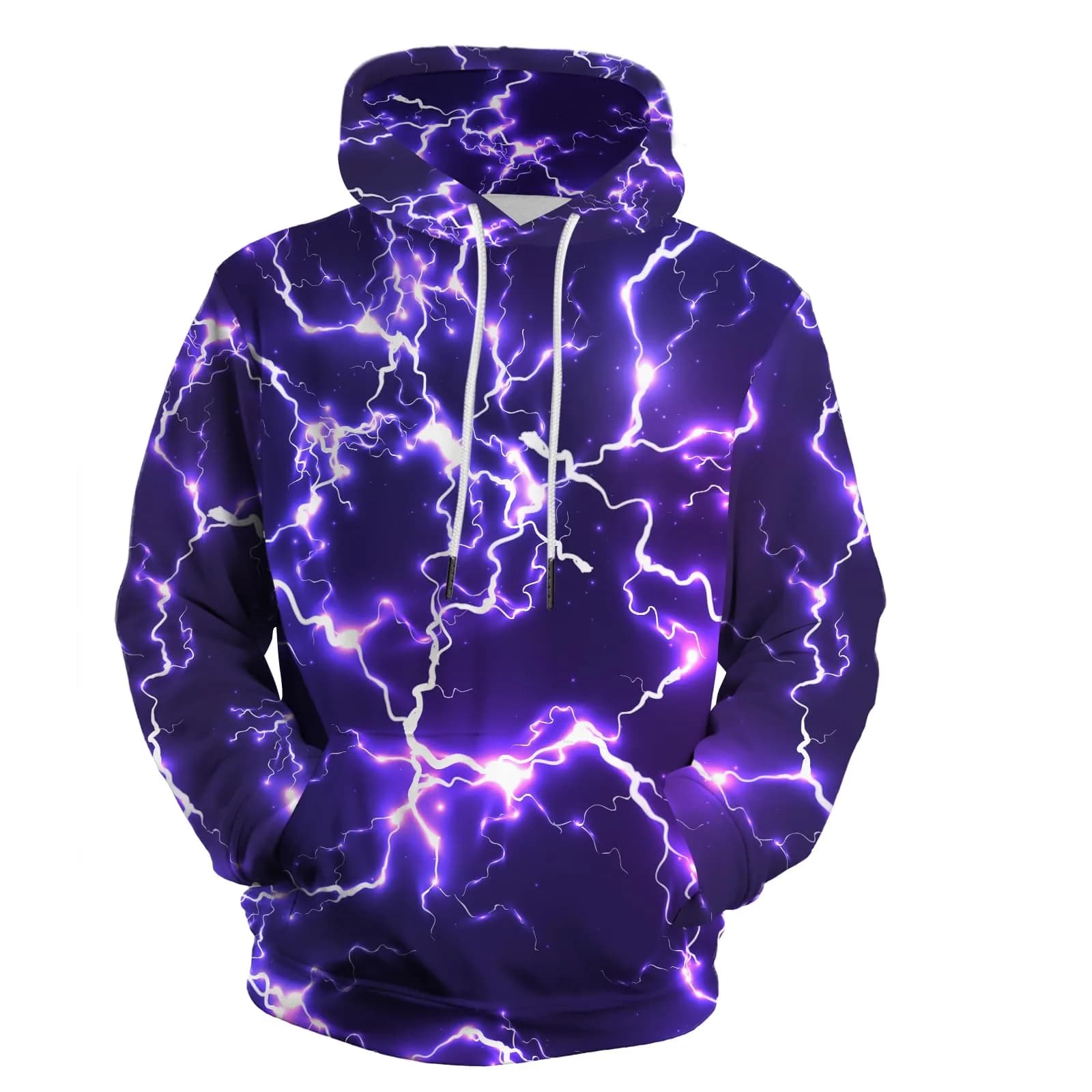 KAFFUL Unisex Adults Cool Purple Lightning Hoodie | Neon Purple & White Pullover with Pockets