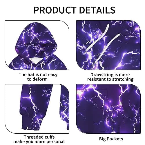 KAFFUL Unisex Adults Cool Purple Lightning Hoodie | Neon Purple & White Pullover with Pockets thumbnail 5