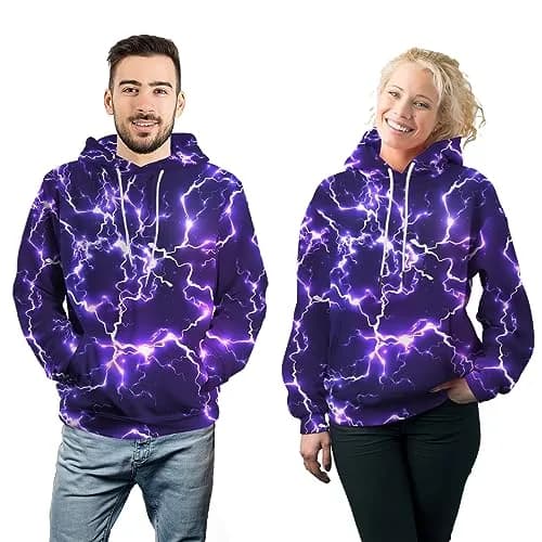 KAFFUL Unisex Adults Cool Purple Lightning Hoodie | Neon Purple & White Pullover with Pockets thumbnail 6