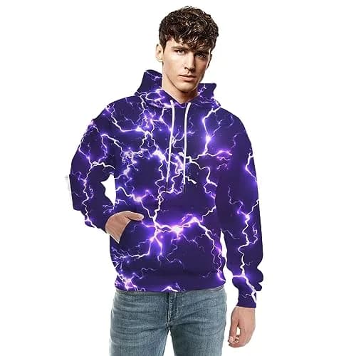 KAFFUL Unisex Adults Cool Purple Lightning Hoodie | Neon Purple & White Pullover with Pockets thumbnail 2