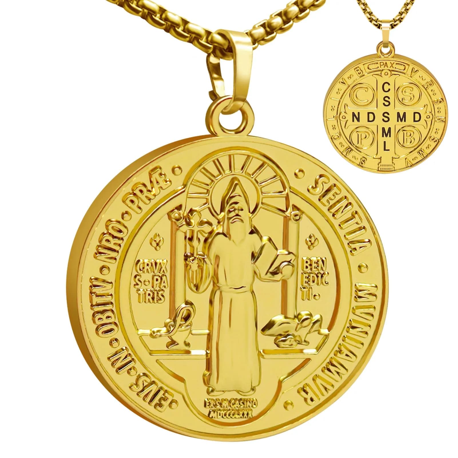 Anwlki St Benedict Necklace Gold Pendant | 60cm (23.62in) Chain | Faith Protection Symbol
