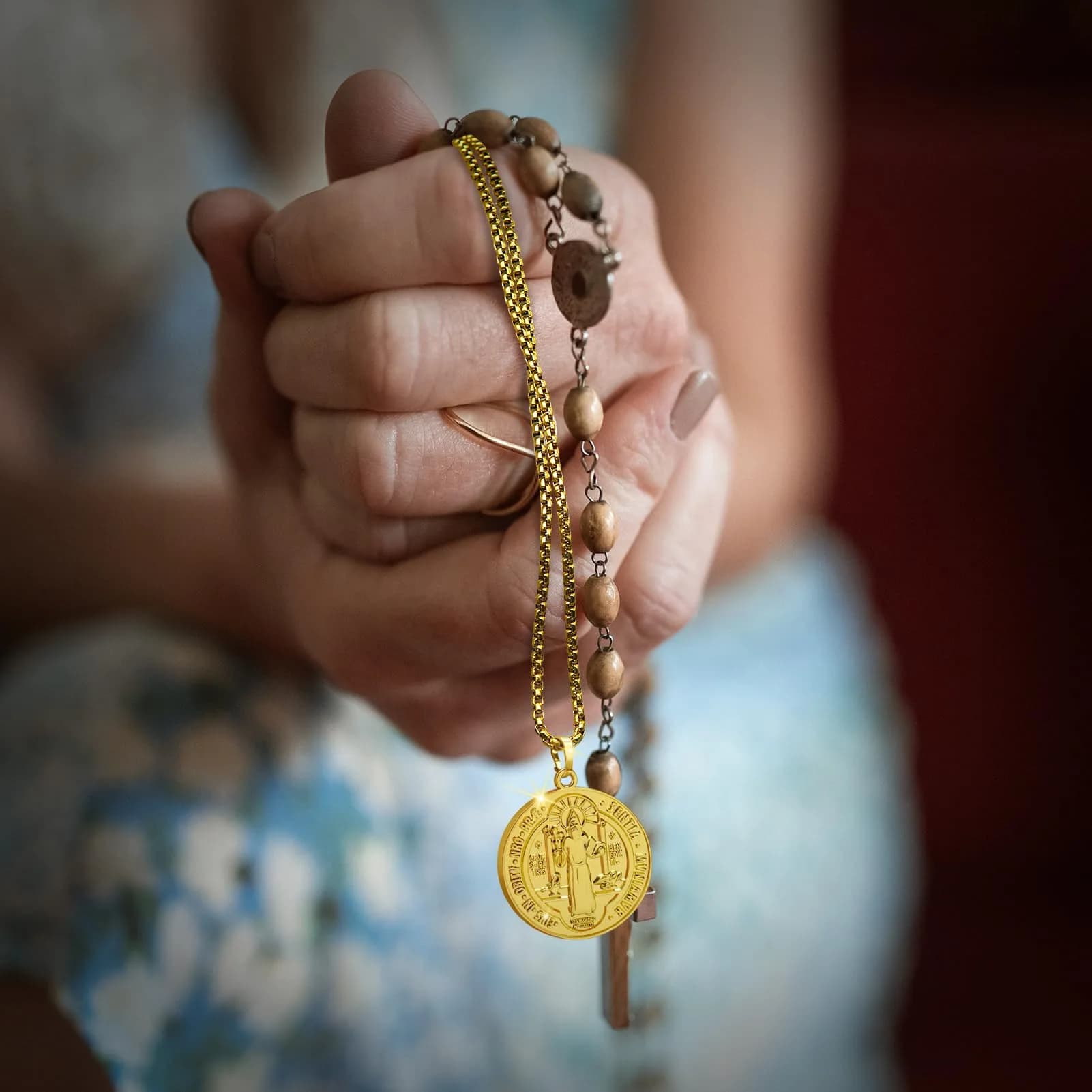 Anwlki St Benedict Necklace Gold Pendant | 60cm (23.62in) Chain | Faith Protection Symbol - view 6