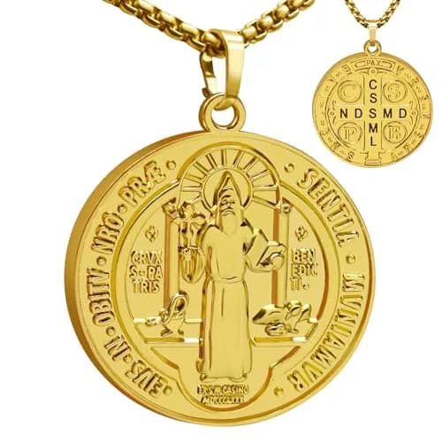 Anwlki St Benedict Necklace Gold Pendant | 60cm (23.62in) Chain | Faith Protection Symbol thumbnail 1