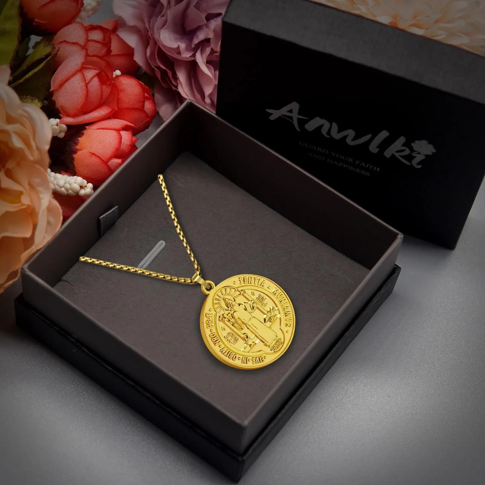 Anwlki St Benedict Necklace Gold Pendant | 60cm (23.62in) Chain | Faith Protection Symbol - view 2