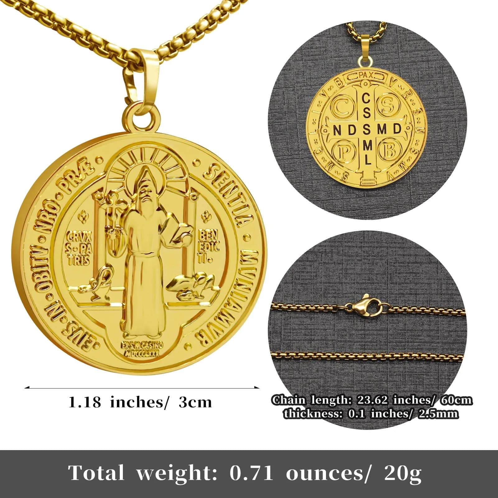 Anwlki St Benedict Necklace Gold Pendant | 60cm (23.62in) Chain | Faith Protection Symbol - view 3