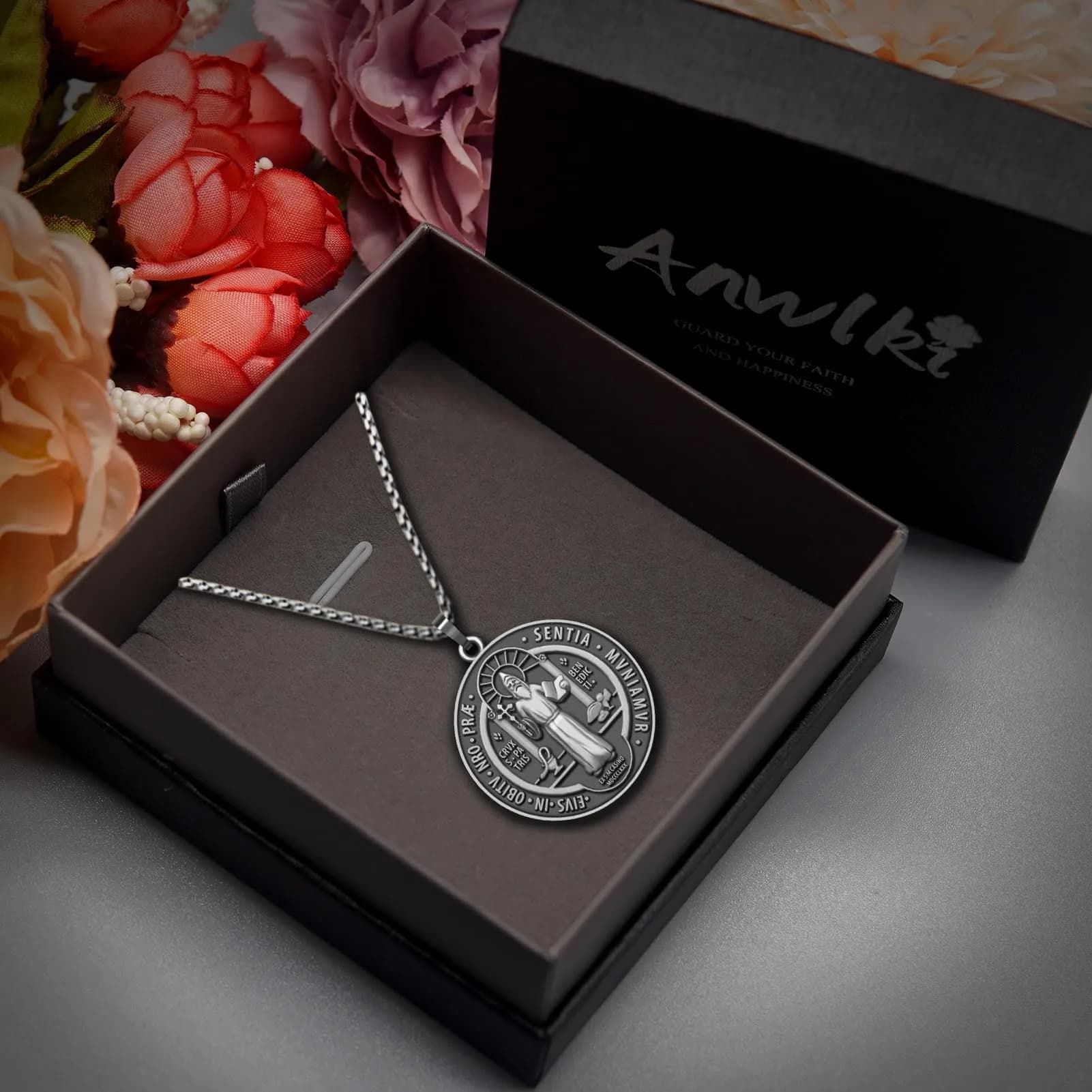 Anwlki St Benedict Necklace with Pendant, Ancient Silver, 60cm (23.62 inches) | Faith and Protection Symbol - view 2