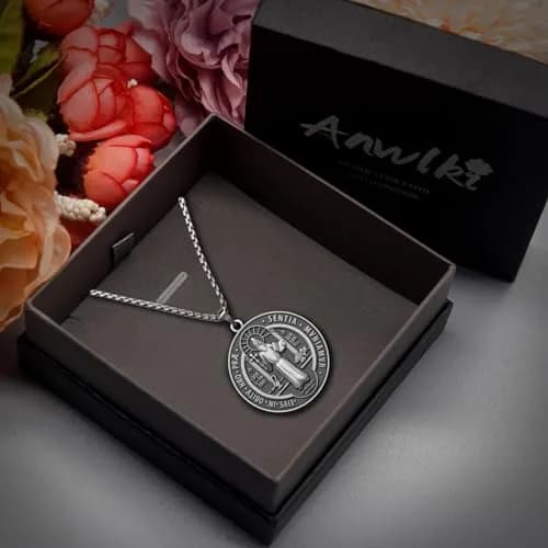 Anwlki St Benedict Necklace with Pendant, Ancient Silver, 60cm (23.62 inches) | Faith and Protection Symbol thumbnail 2