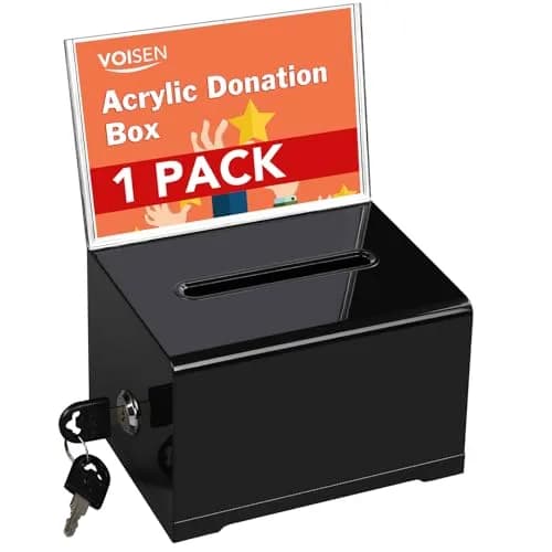 VOISEN Acrylic Donation Box with Lock, Black Tip Jar with Sign Holder | Secure Locking, Impact-Resistant, Lightweight thumbnail 1