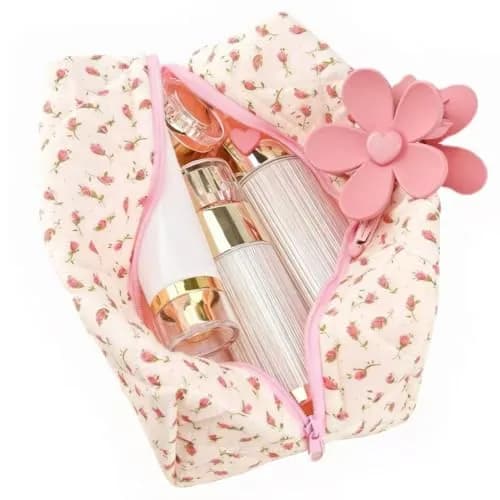 MZLUWM Floral Quilted Makeup Bag with Pink Gingham Lining, 19.8cm x 11.9cm x 10.2cm (7.8"L x 4.7"W x 4"H) | Popular Unique Pattern Design thumbnail 1