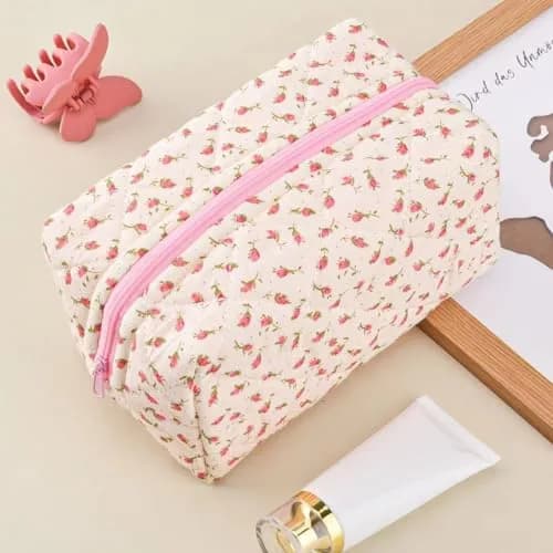 MZLUWM Floral Quilted Makeup Bag with Pink Gingham Lining, 19.8cm x 11.9cm x 10.2cm (7.8"L x 4.7"W x 4"H) | Popular Unique Pattern Design thumbnail 3