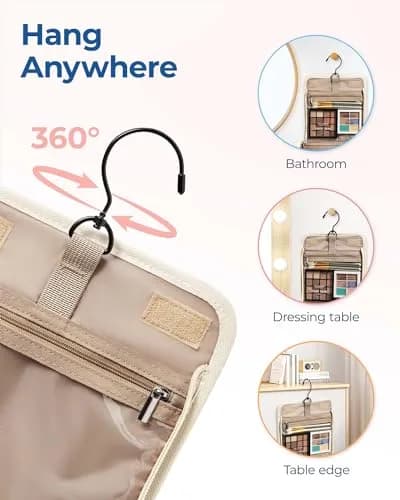 BAGSMART Hanging Toiletry Bag for Women, Large Capacity Cosmetic Organizer Case with Hook, Water-resistant Makeup Bag for Travel, Beige thumbnail 6