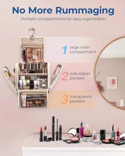 BAGSMART Hanging Toiletry Bag for Women, Large Capacity Cosmetic Organizer Case with Hook, Water-resistant Makeup Bag for Travel, Beige thumbnail 2