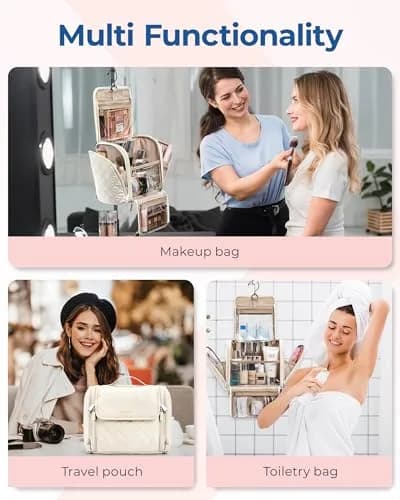 BAGSMART Hanging Toiletry Bag for Women, Large Capacity Cosmetic Organizer Case with Hook, Water-resistant Makeup Bag for Travel, Beige thumbnail 4