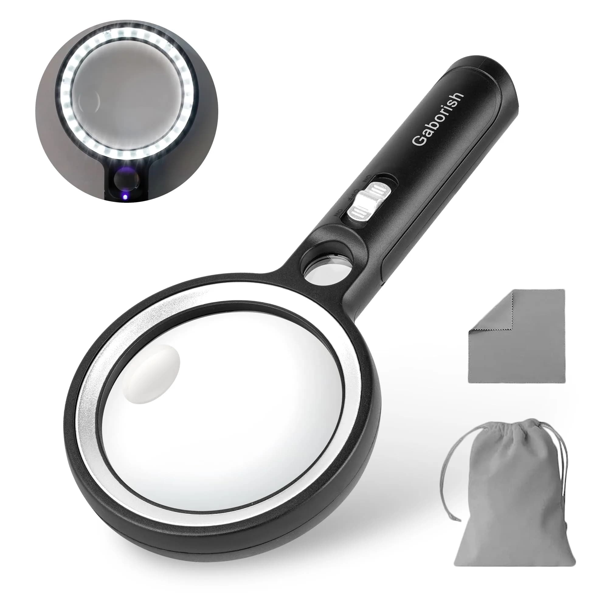 GABORISH Magnifying Glass with 30 LED Lights, 10X 20X 45X Handheld Illuminated Magnifier | Visual Impairment Aid - main product image