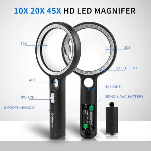 GABORISH Magnifying Glass with 30 LED Lights, 10X 20X 45X Handheld Illuminated Magnifier | Visual Impairment Aid thumbnail 5