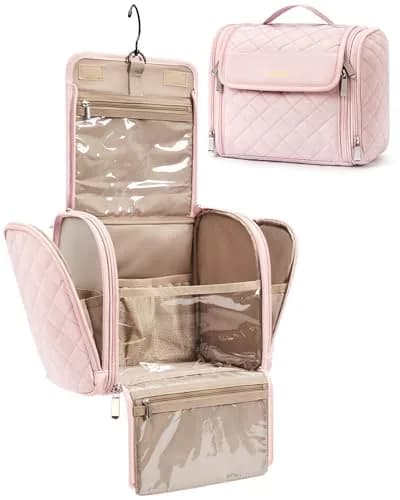 BAGSMART Makeup Bag for Women with Hanging Hook, Large Water-resistant Organizer, Pink | Portable Travel Case for Cosmetics & Toiletries thumbnail 1