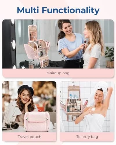 BAGSMART Makeup Bag for Women with Hanging Hook, Large Water-resistant Organizer, Pink | Portable Travel Case for Cosmetics & Toiletries thumbnail 4