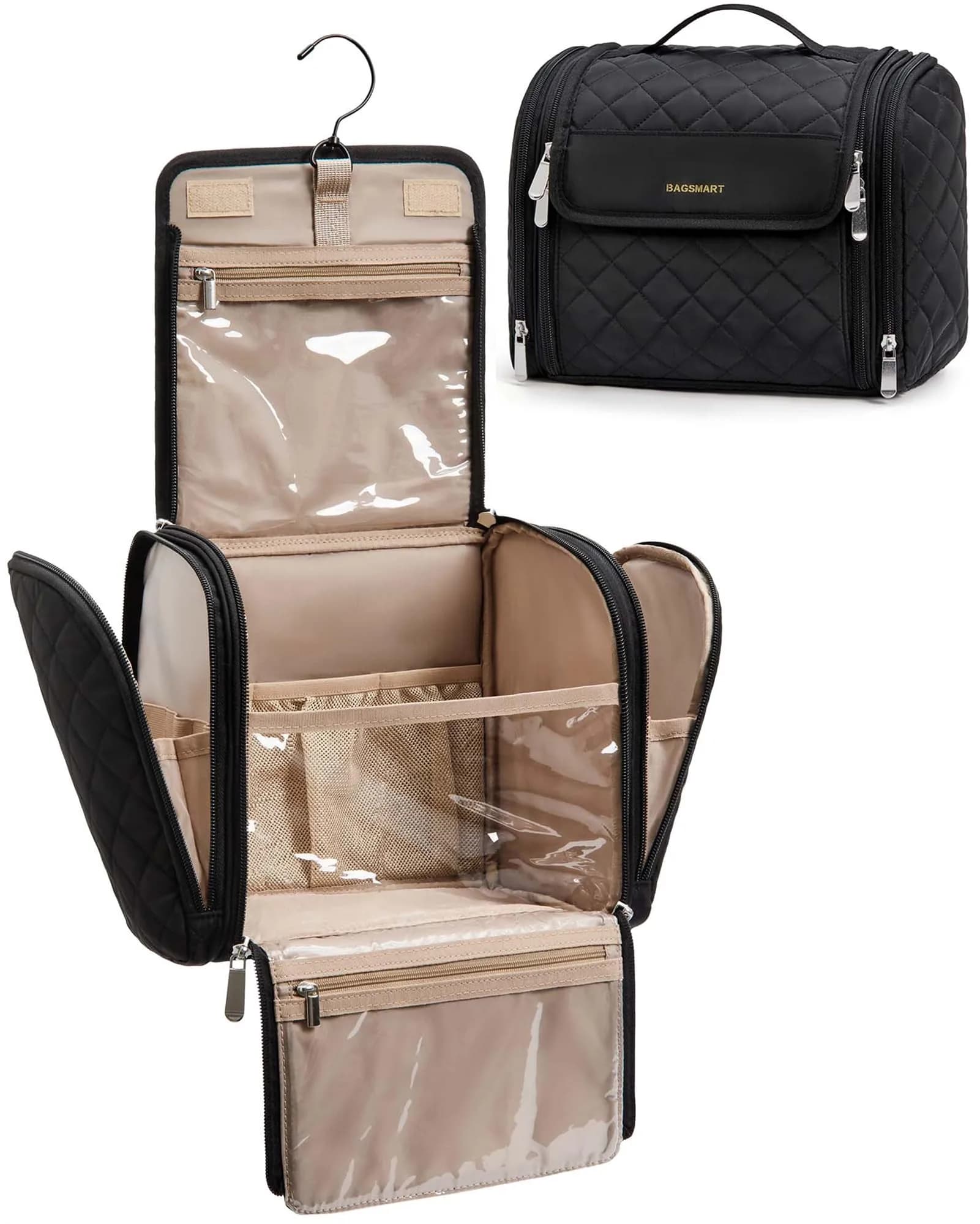BAGSMART Hanging Makeup Bag with Hook - Large Capacity Travel Organizer for Cosmetics & Toiletries, Black | TSA-Compliant Carry-On — Black