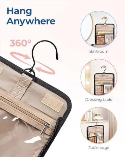 BAGSMART Hanging Makeup Bag with Hook - Large Capacity Travel Organizer for Cosmetics & Toiletries, Black | TSA-Compliant Carry-On thumbnail 6
