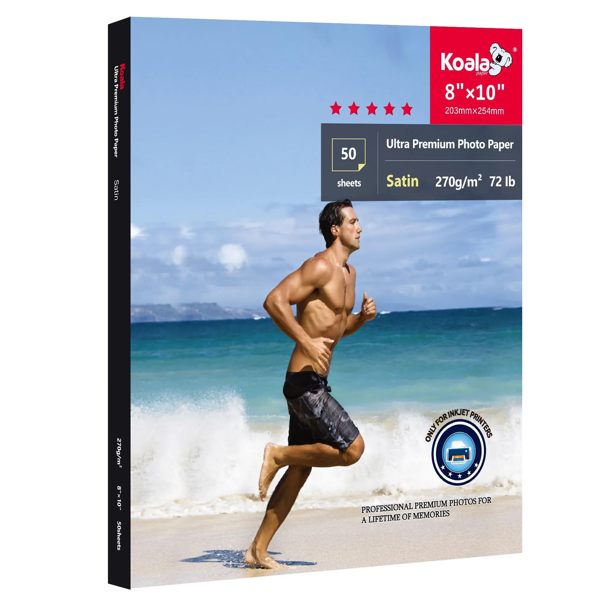 KOALA PAPER Resin Coated 8x10 In Satin Photo Printer Paper 72lb | 50 Sheets, Water-Resistant, True-Color Reproduction — 8"x10"