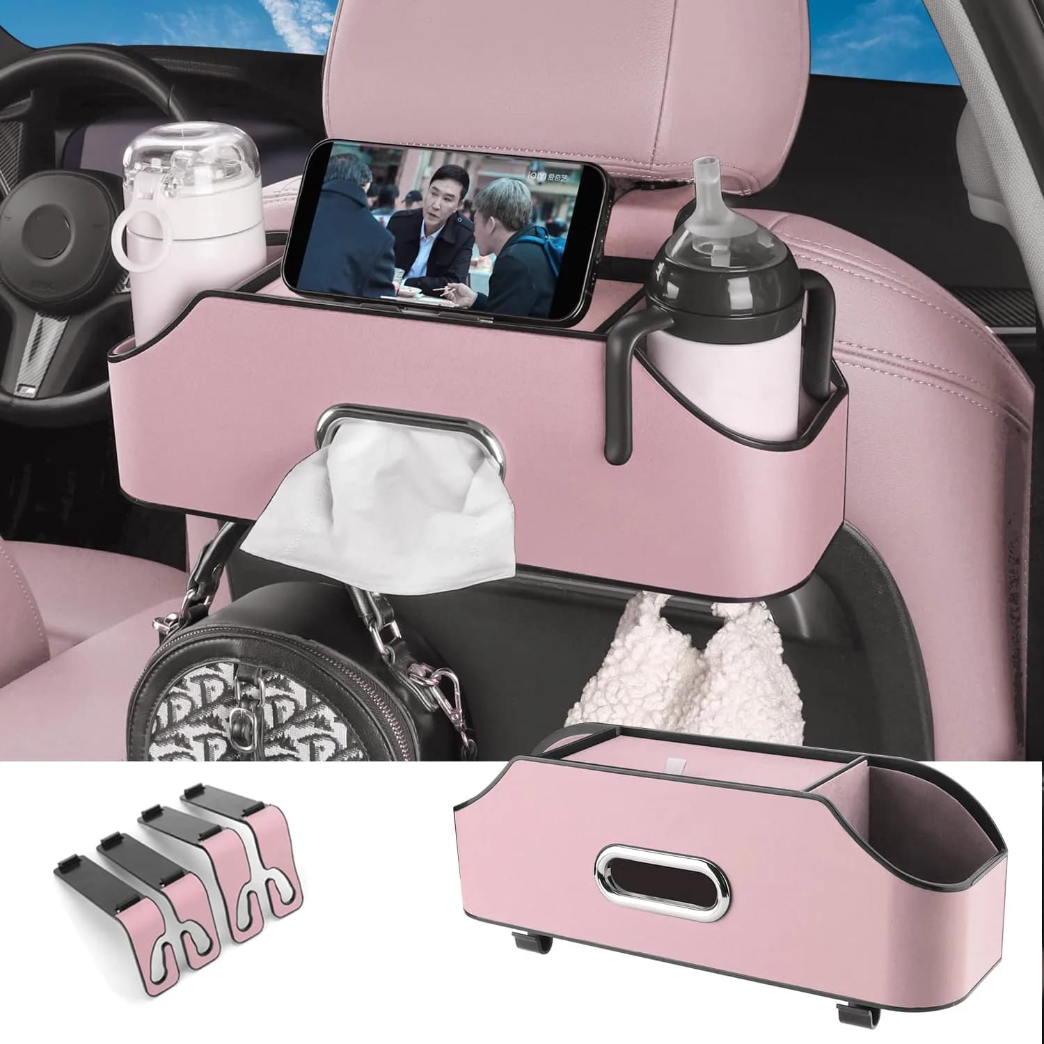HOLDCY Car Back Seat Organizer with 2 Cup Holders, Tissue Storage, Orange | Waterproof, Durable & Easy to Install — Pink