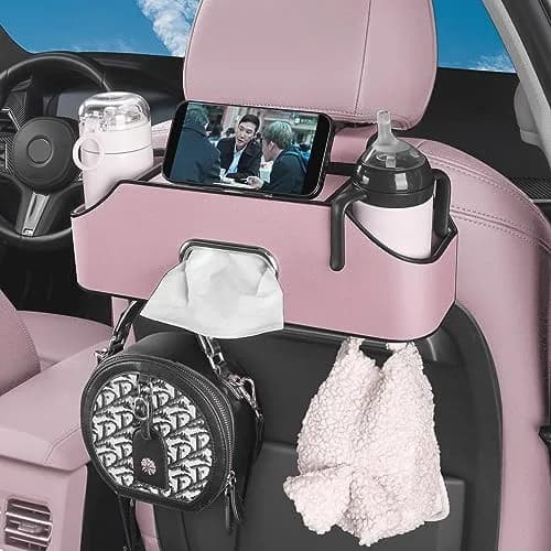 HOLDCY Car Back Seat Organizer with 2 Cup Holders, Tissue Storage, Pink | Waterproof ABS & PU Leather, Multi-Pocket Car Organizer thumbnail 5