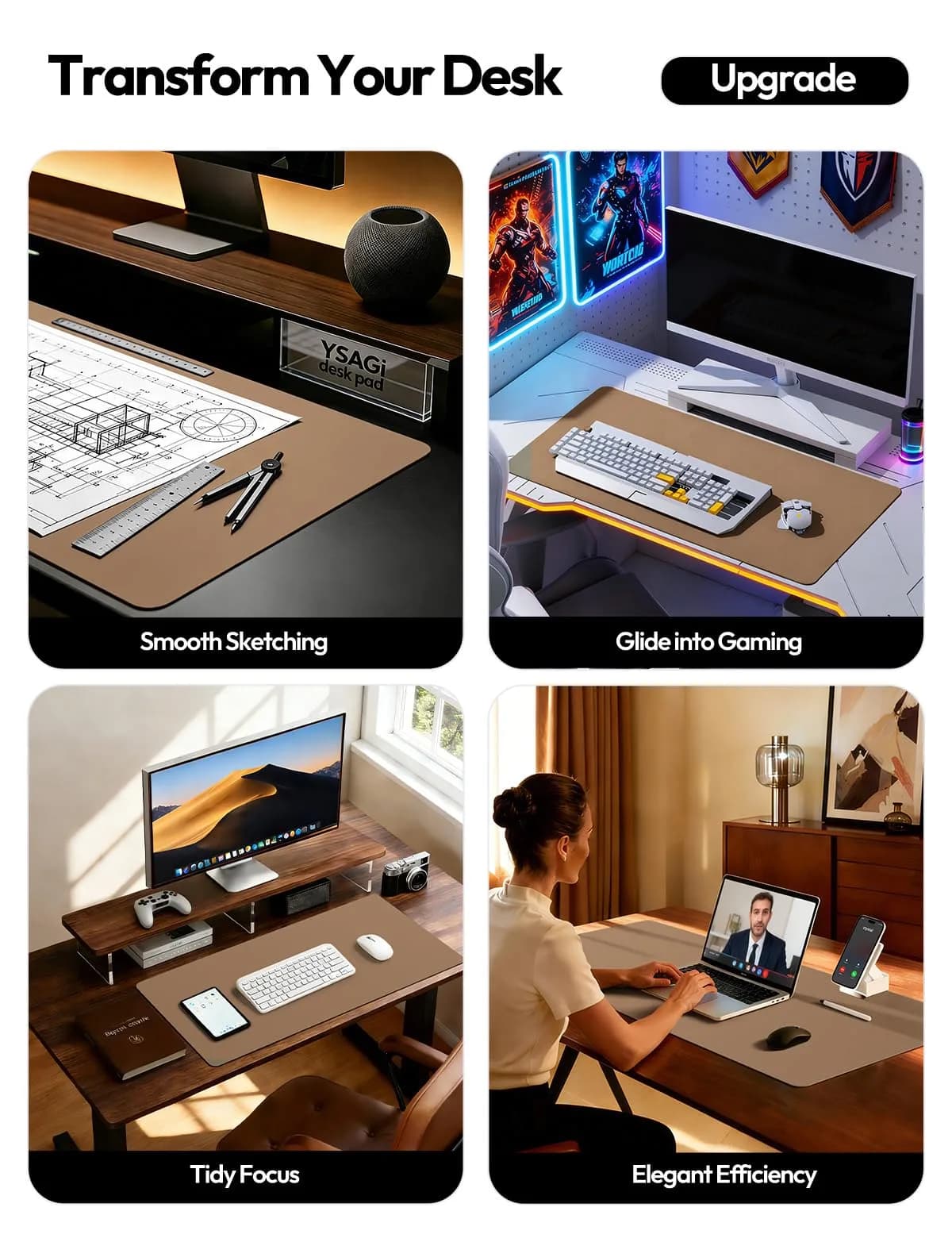 YSAGi PU Leather Desk Protector Mat 120cm x 60cm (47.2" x 23.6") | Protects Desks from Scratches, Spills, and Heat - view 2