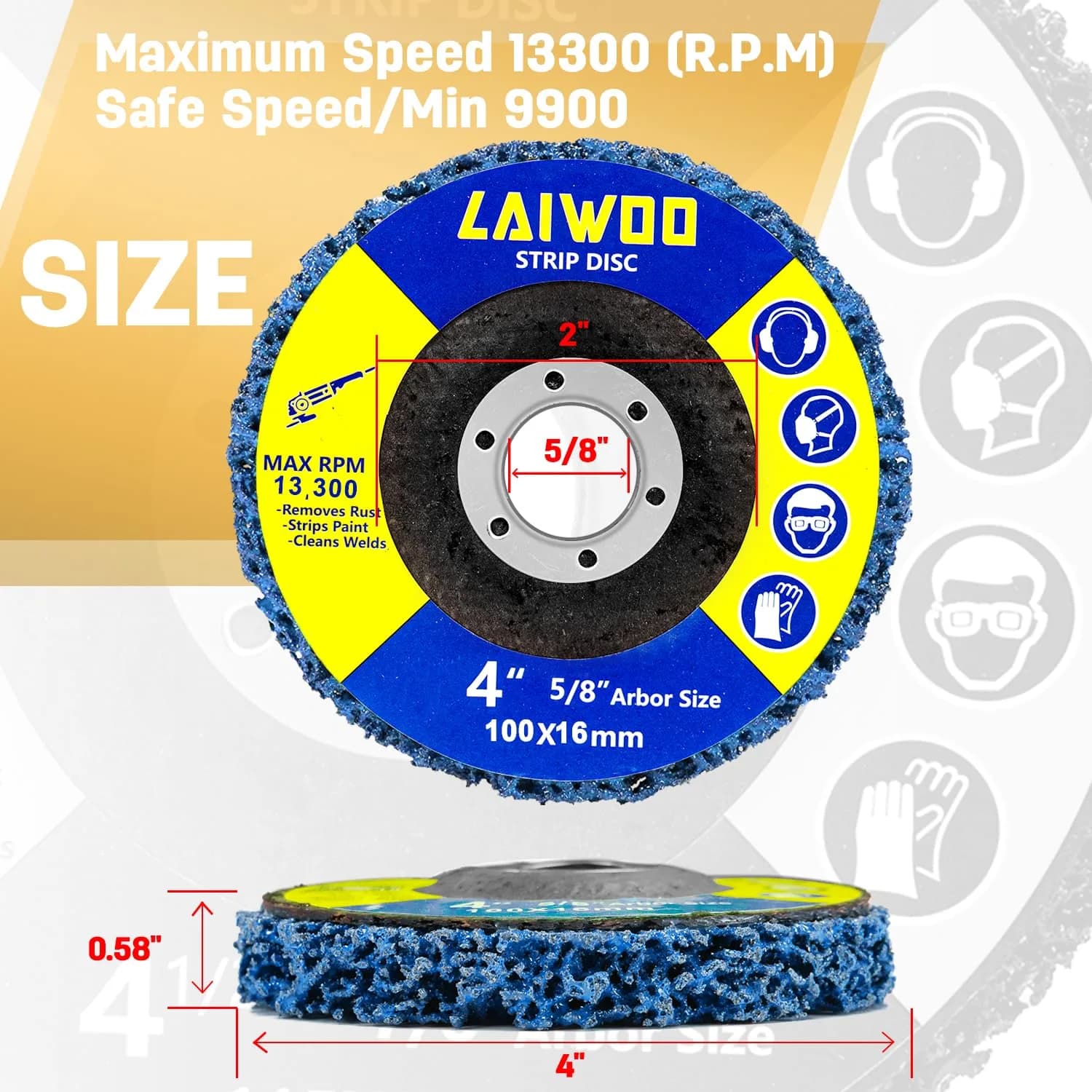LAIWOO Strip Disc Wheels 100mm (4") x 16mm (5/8") | Diamond Abrasive for Metal & Paint Removal - view 2