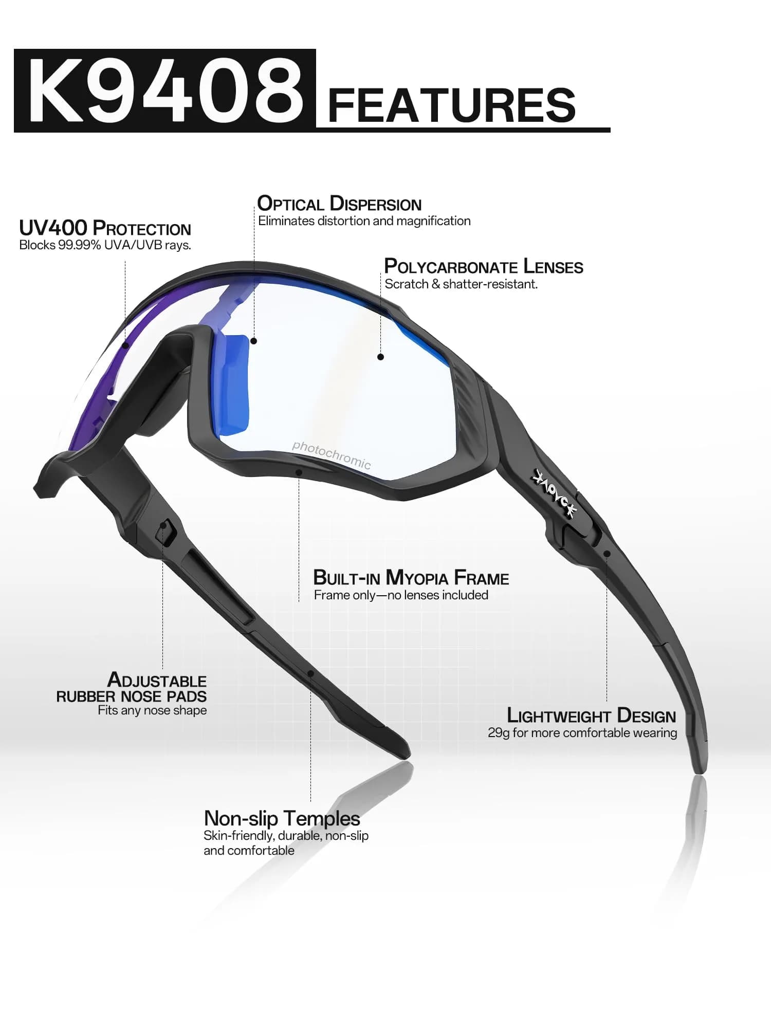 KAPVOE 05-Photochromic Blue Cycling Glasses for Men & Women | UV Adapting Lenses | Lightweight 156g - view 4
