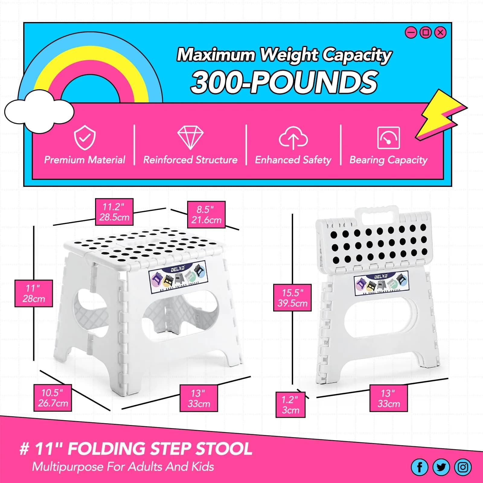 Delxo Folding Step Stool 27.9cm (11 Inch) White 1-Pack | Sturdy & Safe for Kids & Adults - view 5