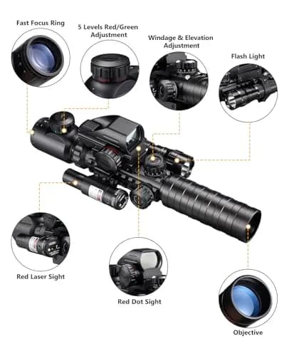 MidTen 3-9x32 5-in-1 Scope Combo with Dual Illuminated Rangefinder, Laser Sight, Red Dot, Flashlight, 20mm Mount | Versatile Rifle Scope thumbnail 2