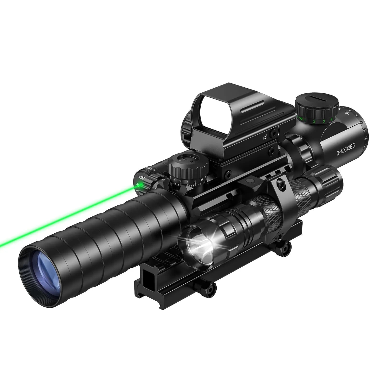 MidTen 3-9x32 4-in-1 Scope Combo with Dual Illuminated Scope Optics & Laser Rangefinder | Aim & Shoot — Green / 5-in-1