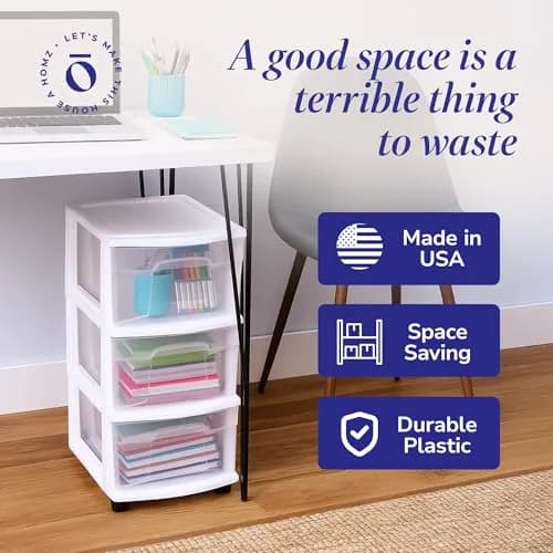 HOMZ Drawer Tower 3-Tier Storage Cart 2 Pack | Heavy-Duty Plastic, Removable Wheels, White Frame thumbnail 5
