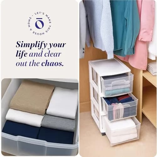 HOMZ Drawer Tower 3-Tier Storage Cart 2 Pack | Heavy-Duty Plastic, Removable Wheels, White Frame thumbnail 6