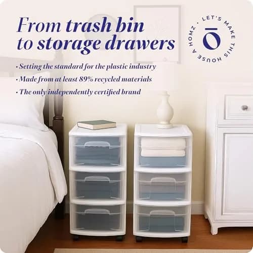 HOMZ Drawer Tower 3-Tier Storage Cart 2 Pack | Heavy-Duty Plastic, Removable Wheels, White Frame thumbnail 7
