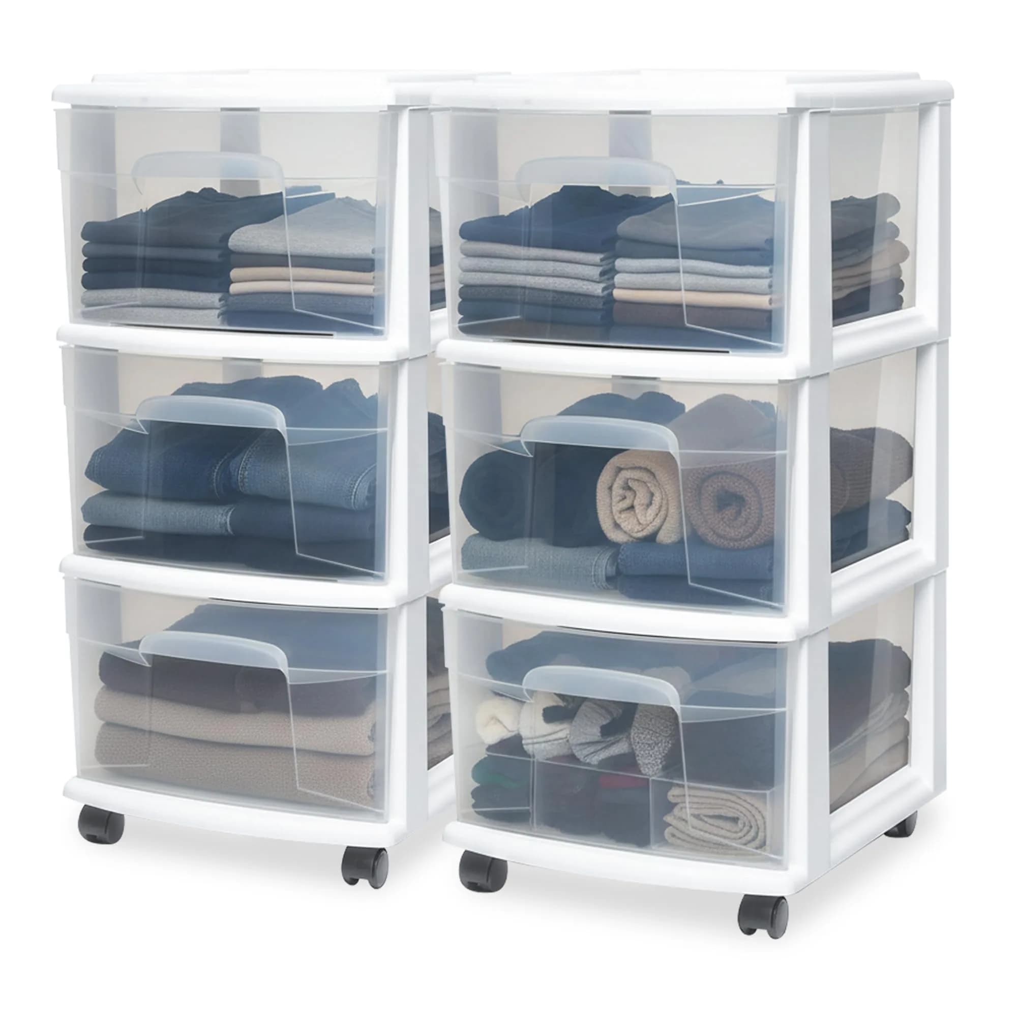HOMZ Drawer Tower 3-Tier Storage Cart 2 Pack | Heavy-Duty Plastic, Removable Wheels, White Frame