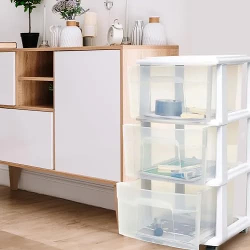 HOMZ Drawer Tower 3-Tier Storage Cart 2 Pack | Heavy-Duty Plastic, Removable Wheels, White Frame thumbnail 8