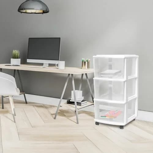 HOMZ Drawer Tower 3-Tier Storage Cart 2 Pack | Heavy-Duty Plastic, Removable Wheels, White Frame thumbnail 9
