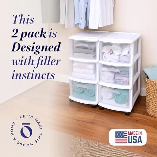 HOMZ Drawer Tower 3-Tier Storage Cart 2 Pack | Heavy-Duty Plastic, Removable Wheels, White Frame thumbnail 2