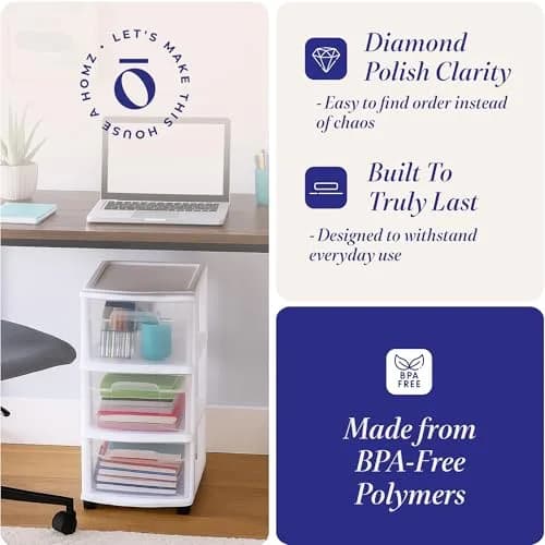 HOMZ Drawer Tower 3-Tier Storage Cart 2 Pack | Heavy-Duty Plastic, Removable Wheels, White Frame thumbnail 3
