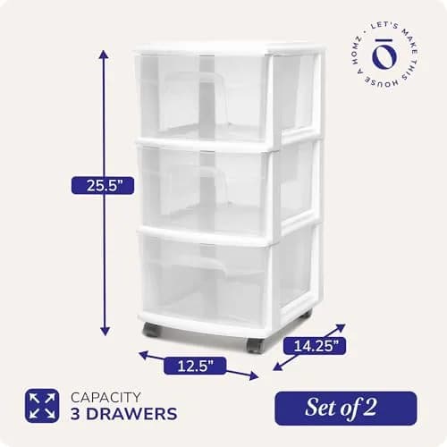HOMZ Drawer Tower 3-Tier Storage Cart 2 Pack | Heavy-Duty Plastic, Removable Wheels, White Frame thumbnail 4