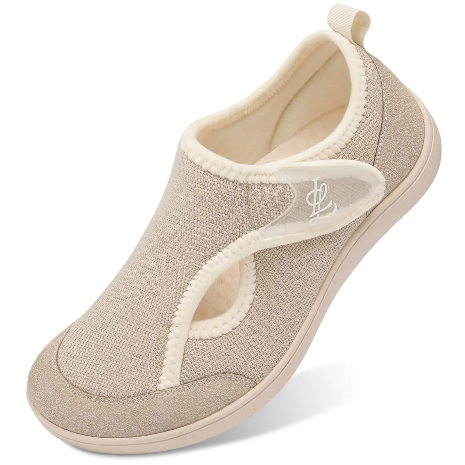 LeIsfIt Women's Adjustable Diabetic Slippers Wide Fit Beige Size 9 (27.89 cm / 10.98 in) | Comfortable Indoor Outdoor House Shoes