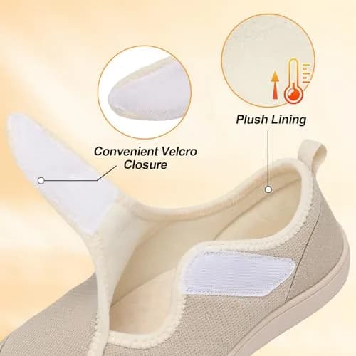 LeIsfIt Women's Adjustable Diabetic Slippers Wide Fit Beige Size 9 (27.89 cm / 10.98 in) | Comfortable Indoor Outdoor House Shoes thumbnail 5