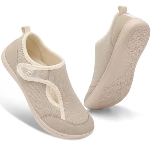 LeIsfIt Women's Adjustable Diabetic Slippers Wide Fit Beige Size 9 (27.89 cm / 10.98 in) | Comfortable Indoor Outdoor House Shoes thumbnail 8