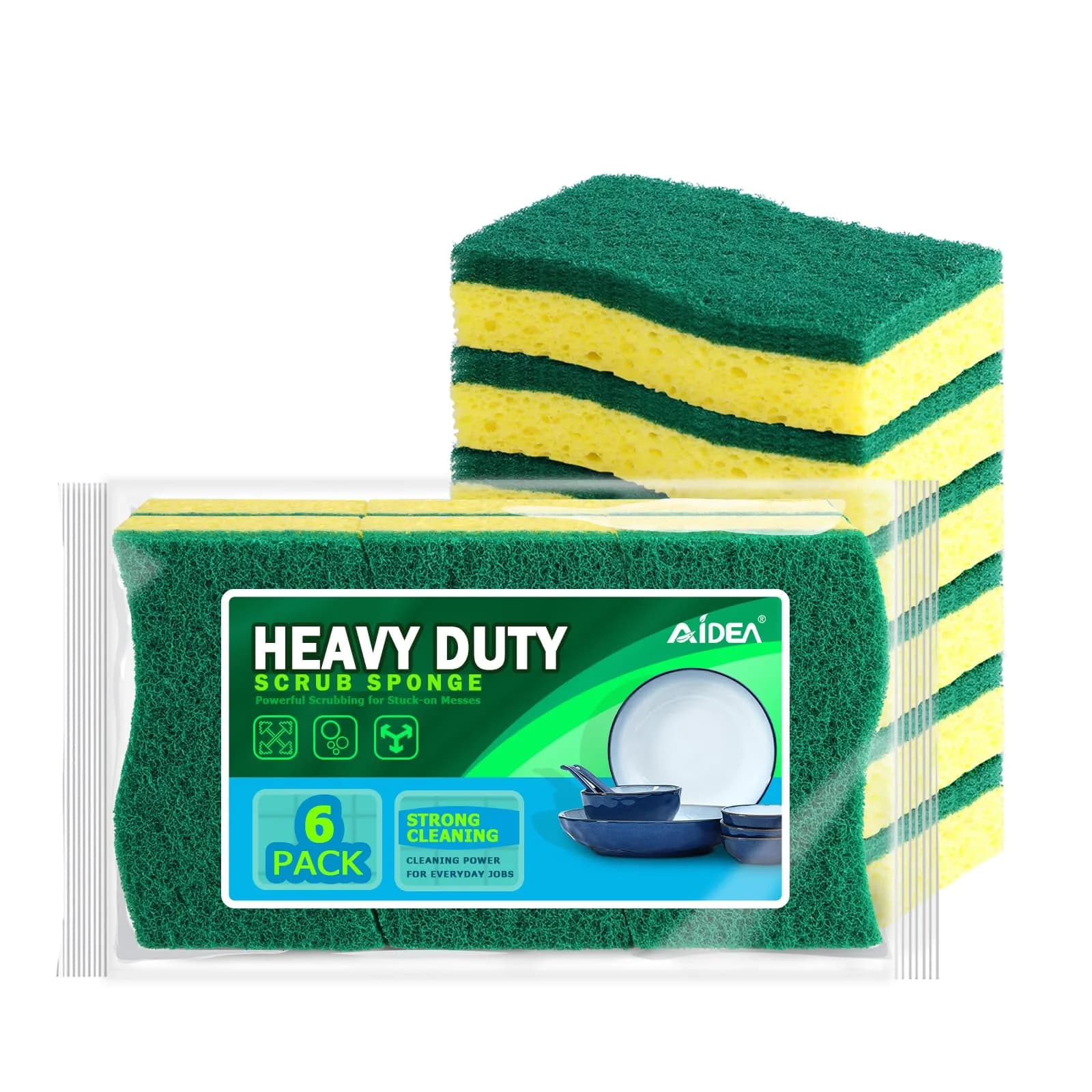 AIDEA Heavy Duty Scrub Sponge, 6-Count Cellulose Kitchen Sponge | Tough Messes & Non-Coated Cookware Cleaning - main product image